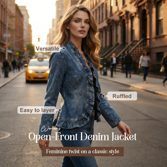 ⏰Veste en jean à boutons pour femme, avec volants et ouverture sur le devant