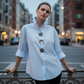 💎 50% DE RÉDUCTION – TEMPS LIMITÉ ! 💎 Chemise Oversize pour Femme avec Boutons Décoratifs – Col Montant, Ourlet Courbé & Polyester Anti-Froissement 👚✨