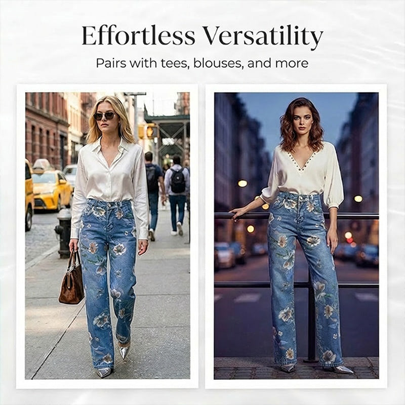 💐50% DE RÉDUCTION ! Jean Droit Fleuri – Facile à Porter au Quotidien 👗🌼【Prix Coup de Cœur】