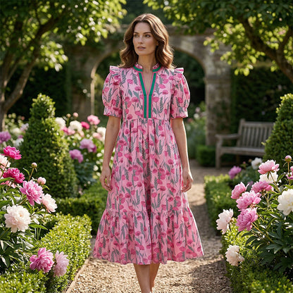 💎 50% DE RÉDUCTION ! 💎 Robe Longue Florale à Volants – Manches Bouffantes, Col V Contrasté & Tissu Fluide pour Été 🌸👗