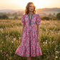 💎 50% DE RÉDUCTION ! 💎 Robe Longue Florale à Volants – Manches Bouffantes, Col V Contrasté & Tissu Fluide pour Été 🌸👗