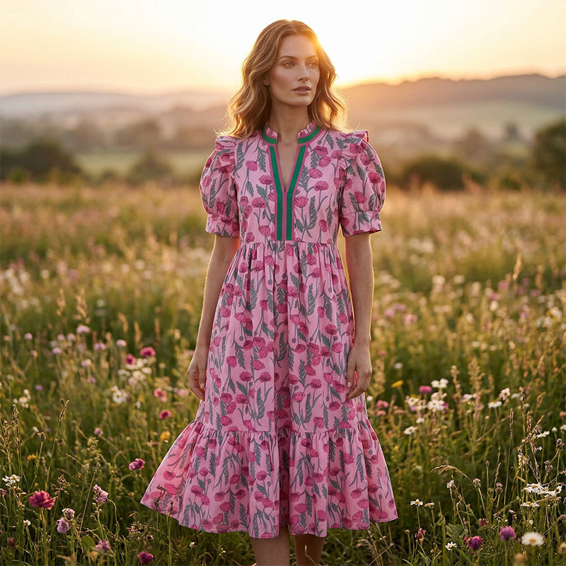 💎 50% DE RÉDUCTION ! 💎 Robe Longue Florale à Volants – Manches Bouffantes, Col V Contrasté & Tissu Fluide pour Été 🌸👗