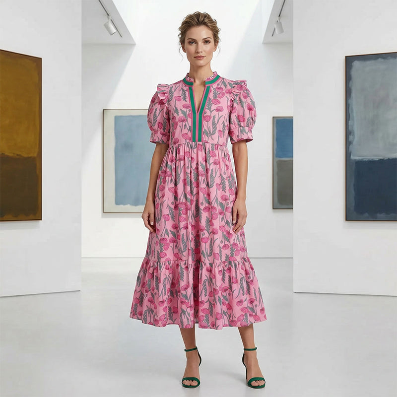 💎 50% DE RÉDUCTION ! 💎 Robe Longue Florale à Volants – Manches Bouffantes, Col V Contrasté & Tissu Fluide pour Été 🌸👗