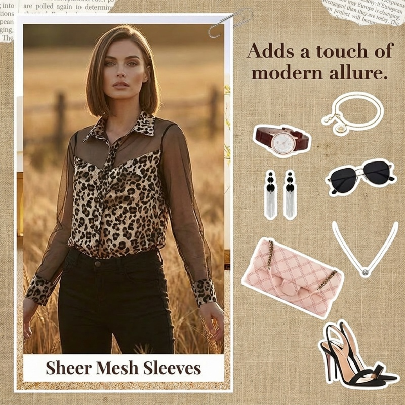 👚50 % DE RÉDUCTION🐆Chemisier femme imprimé léopard et empiècements en résille contrastants – Manches longues, coupe ajustée, idéal pour le bureau et les soirées✨