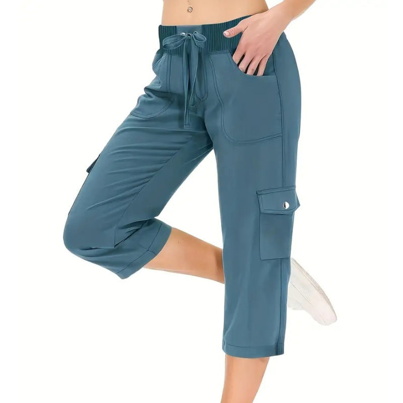 ✨Vente chaude 50% de rabais💖Pantalon cargo 3/4 taille haute uni pour femme avec cordon de serrage