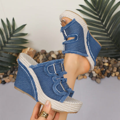 💎 50% DE RÉDUCTION ! 💎 Sandales à Plateforme en Denim – Talon 10 cm, Semelle Antidérapante & Boucle de Ceinture (Tailles 35–43) 👠👖