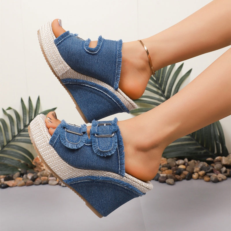 💎 50% DE RÉDUCTION ! 💎 Sandales à Plateforme en Denim – Talon 10 cm, Semelle Antidérapante & Boucle de Ceinture (Tailles 35–43) 👠👖