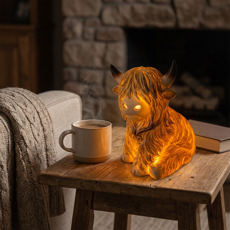 💎 50% DE RÉDUCTION ! 💎 Veilleuse Mignonne Vache Highland – Résine Artisanale, Lueur Ambrée & Décor Rustique (2 Tailles) 🐄🌙