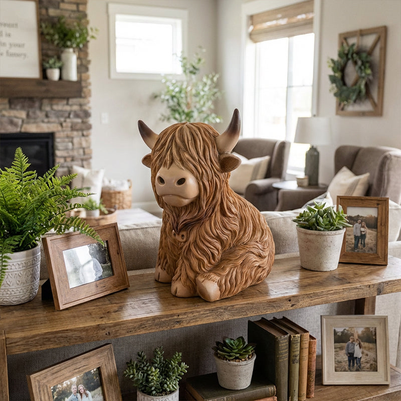 💎 50% DE RÉDUCTION ! 💎 Veilleuse Mignonne Vache Highland – Résine Artisanale, Lueur Ambrée & Décor Rustique (2 Tailles) 🐄🌙