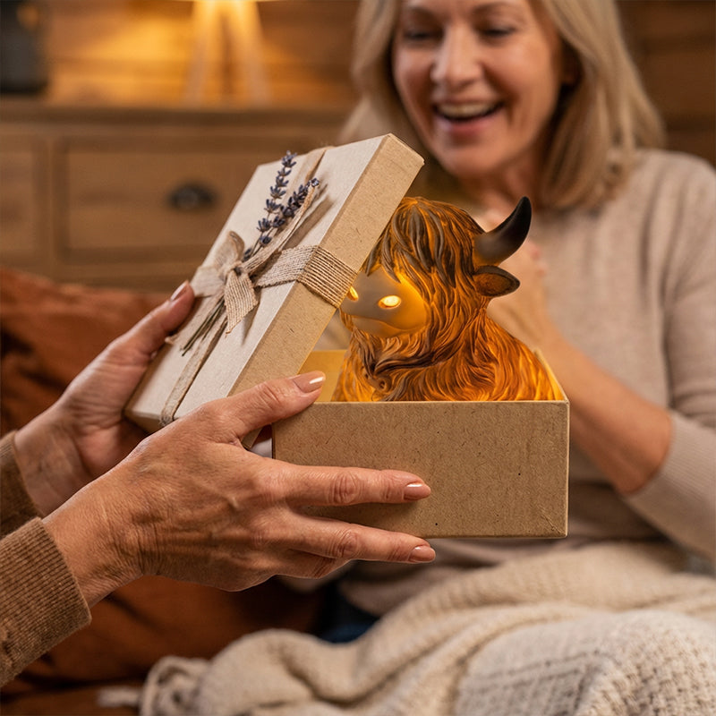 💎 50% DE RÉDUCTION ! 💎 Veilleuse Mignonne Vache Highland – Résine Artisanale, Lueur Ambrée & Décor Rustique (2 Tailles) 🐄🌙