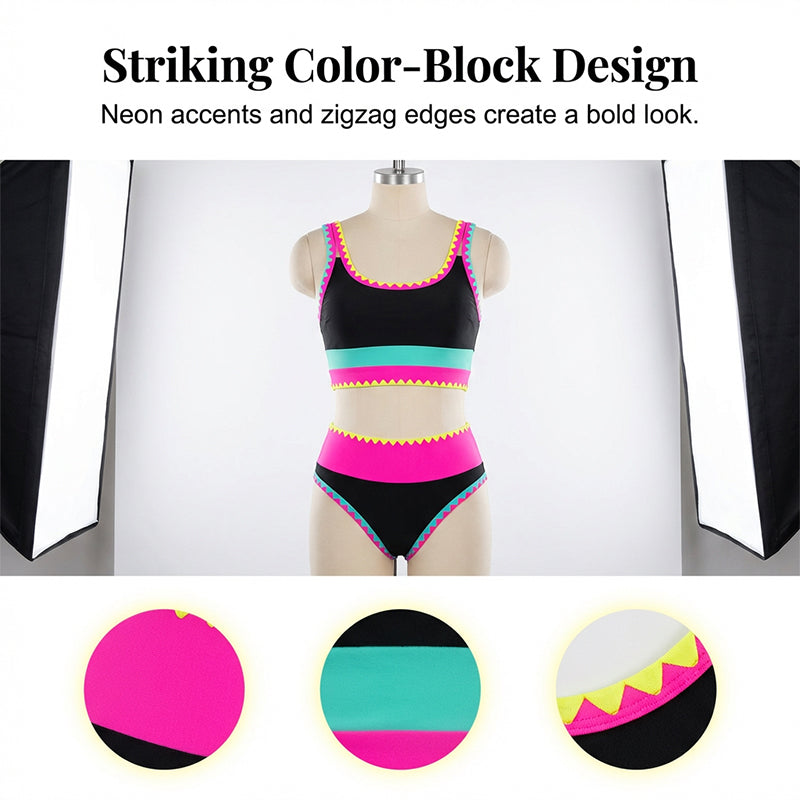 👙🌊 Ensemble bikini 3 pièces pour femme – Taille haute, motif color-block et zigzag, idéal pour la plage et les vacances