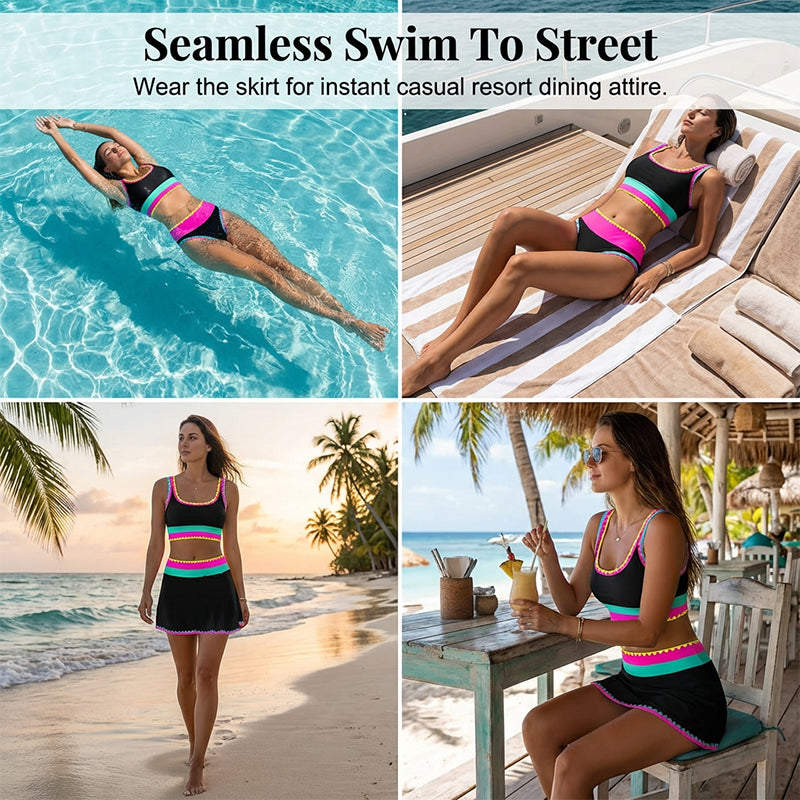 👙🌊 Ensemble bikini 3 pièces pour femme – Taille haute, motif color-block et zigzag, idéal pour la plage et les vacances