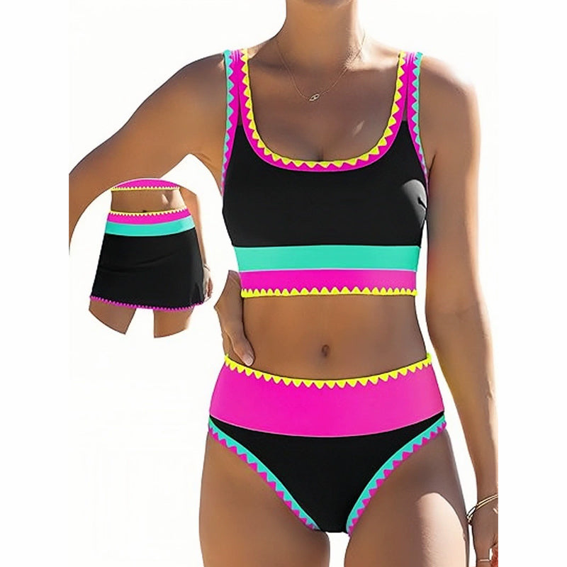 👙🌊 Ensemble bikini 3 pièces pour femme – Taille haute, motif color-block et zigzag, idéal pour la plage et les vacances