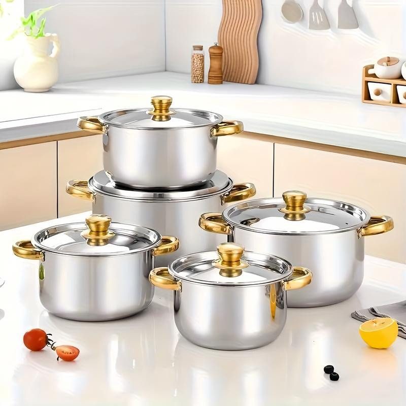 🍳 50% DE RÉDUCTION! 🔥 Ensemble Cuisine 5 Pièces – Acier Épais, Couvercles Verre & Finition Dorée, Compatible Tous Feux pour une Cuisine Élégante ✨