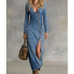 Robe longue à manches longues et col en V pour femme