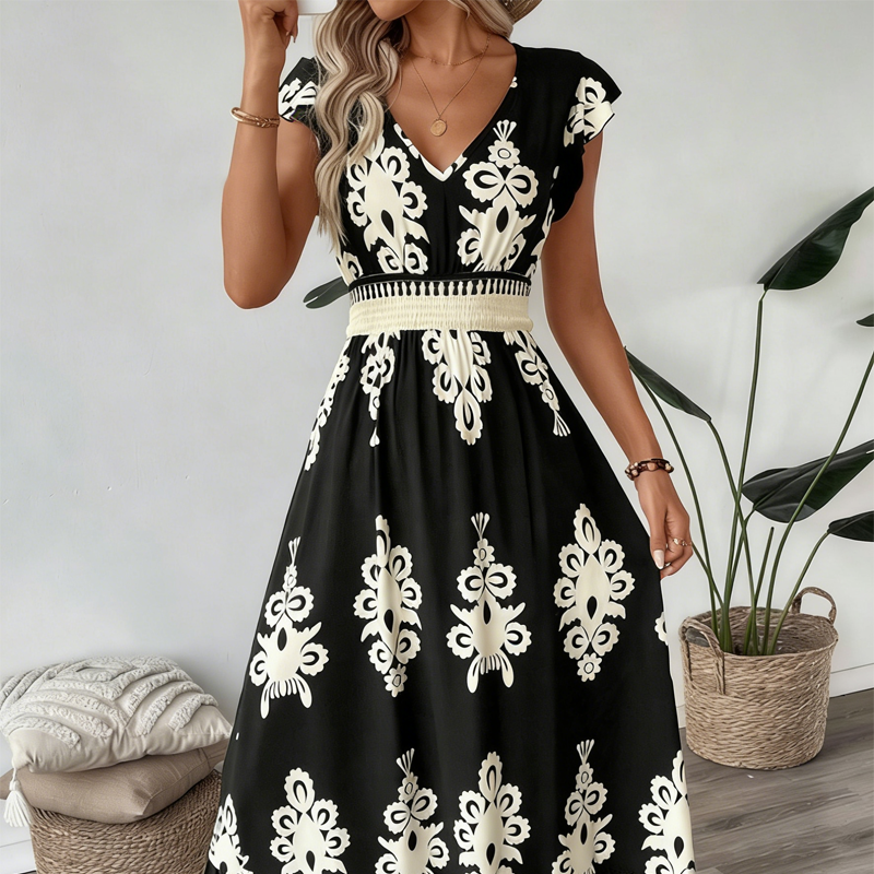 🎑50% de réduction✨Robe longue fluide à col en V et imprimé baroque pour femme
