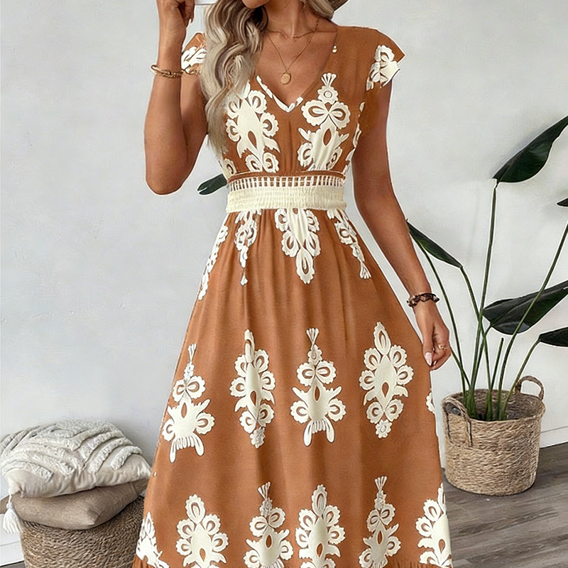 🎑50% de réduction✨Robe longue fluide à col en V et imprimé baroque pour femme