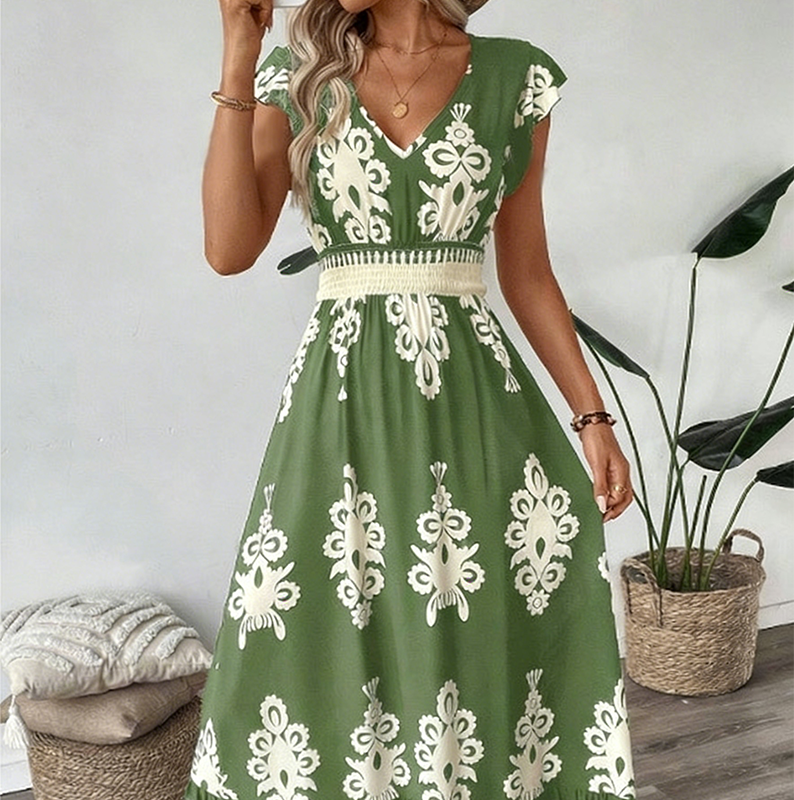 🎑50% de réduction✨Robe longue fluide à col en V et imprimé baroque pour femme