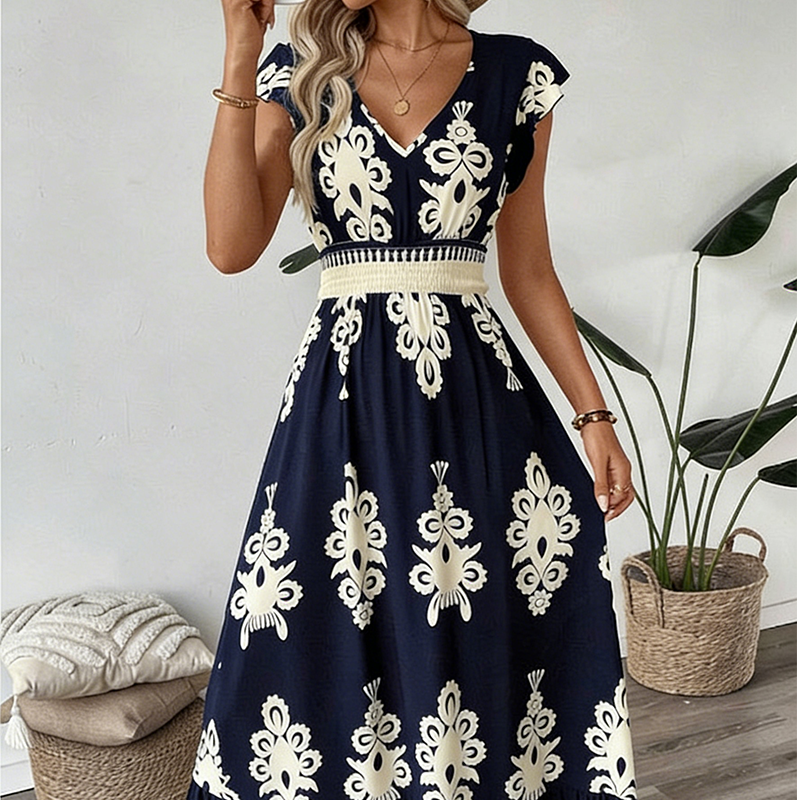 🎑50% de réduction✨Robe longue fluide à col en V et imprimé baroque pour femme