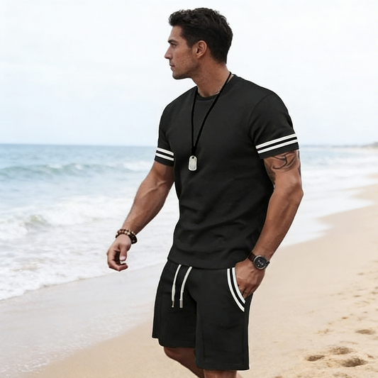 💎 -50% SUR L'ENSEMBLE 2 PIÈCES HOMME ! 💎 T-Shirt Rayé & Short, Tissu Respirant & Cordon de Serrage ✨