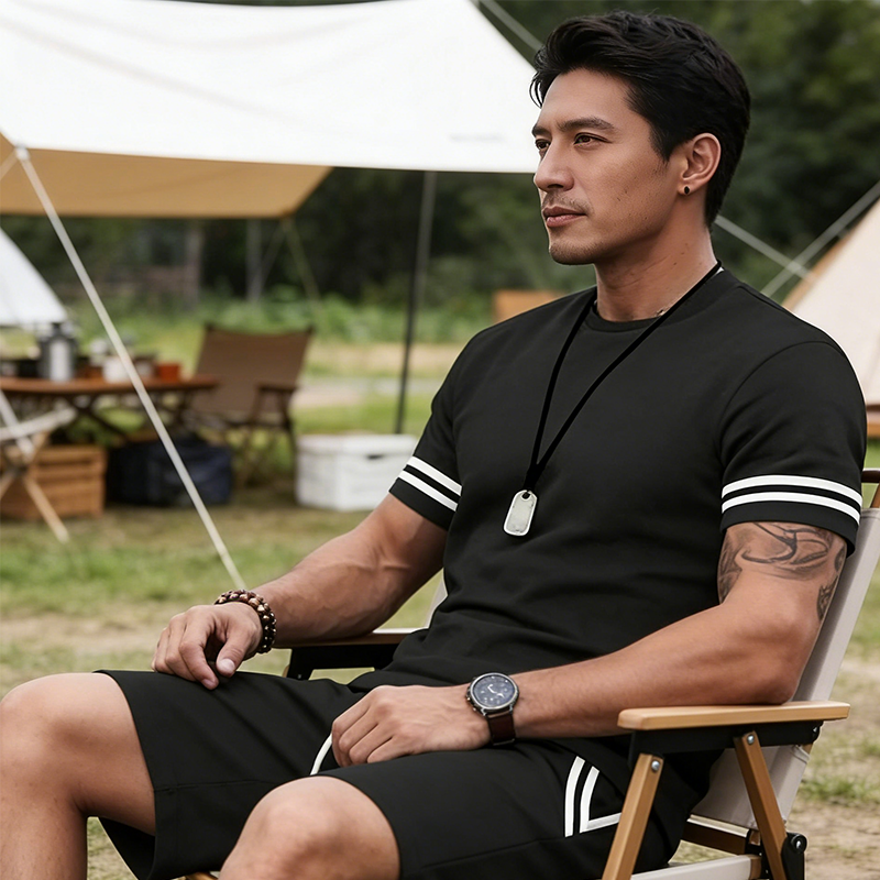 💎 -50% SUR L'ENSEMBLE 2 PIÈCES HOMME ! 💎 T-Shirt Rayé & Short, Tissu Respirant & Cordon de Serrage ✨