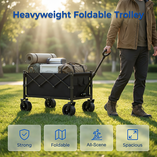 💯 PROMO FLASH 50%🛒Chariot Pliable de Transport Extérieur – Cadre Acier, Roues Détachables 360°, Capacité 80kg, 130L, 2 Tailles, Parfait pour Pique-Nique, Plage & Jardinage 🌿