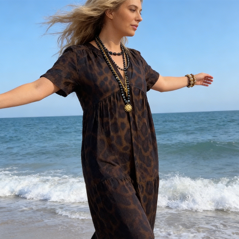 Robe léopard💃Col V, taille haute, coupe amincissante, jupe fluide, manches courtes respirantes : une élégance sauvage instantanée✨