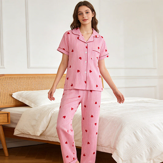 Ensemble de Pyjama Femme Rayé à Imprimé Cœur