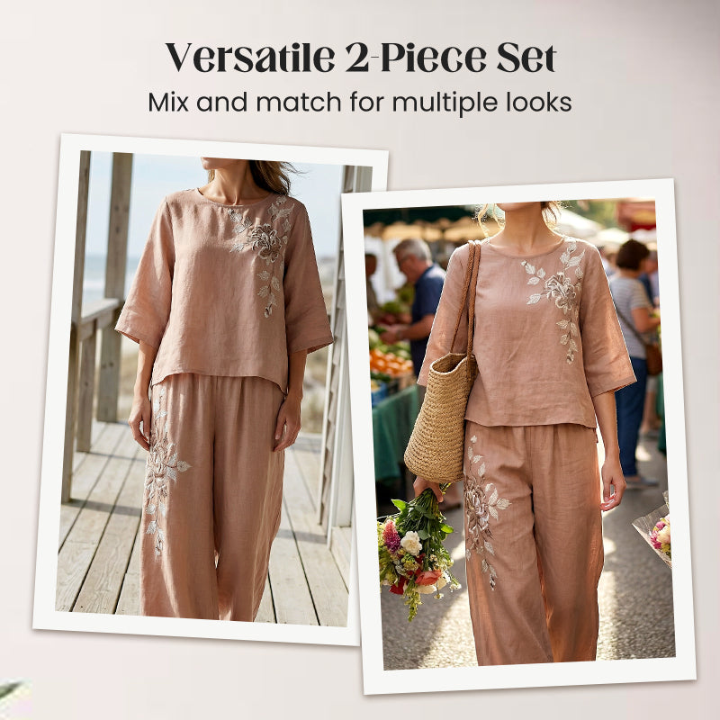 💎 -50% SUR L'ENSEMBLE 2 PIÈCES VINTAGE ! 💎 Brodé Coton-Lin Respirant, Élégant & Confortable pour la Maison et les Sorties