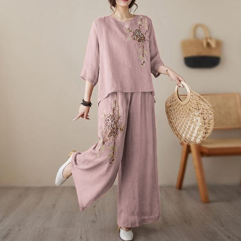💎 -50% SUR L'ENSEMBLE 2 PIÈCES VINTAGE ! 💎 Brodé Coton-Lin Respirant, Élégant & Confortable pour la Maison et les Sorties