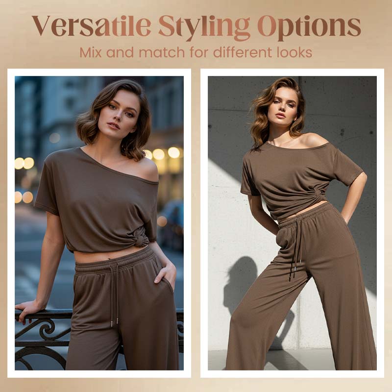 📢📢50 % DE RÉDUCTION !!!⏰ Ensemble 2 pièces Femme – Top asymétrique & Pantalon wide leg fluide pour un look chic et confortable.