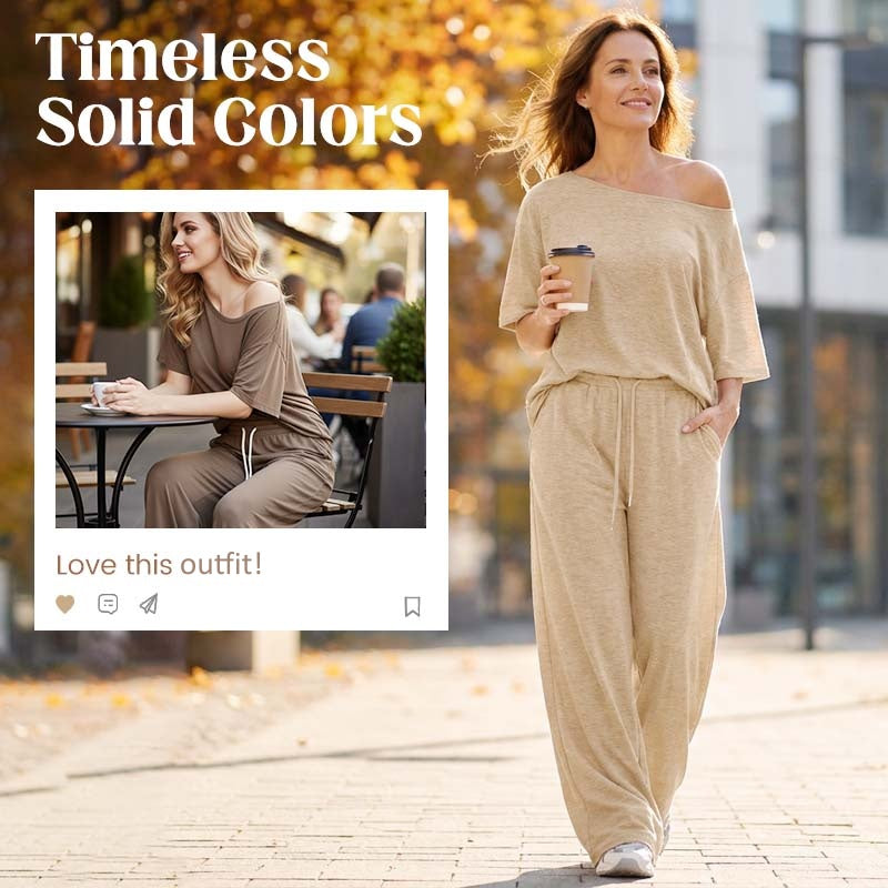 📢📢50 % DE RÉDUCTION !!!⏰ Ensemble 2 pièces Femme – Top asymétrique & Pantalon wide leg fluide pour un look chic et confortable.