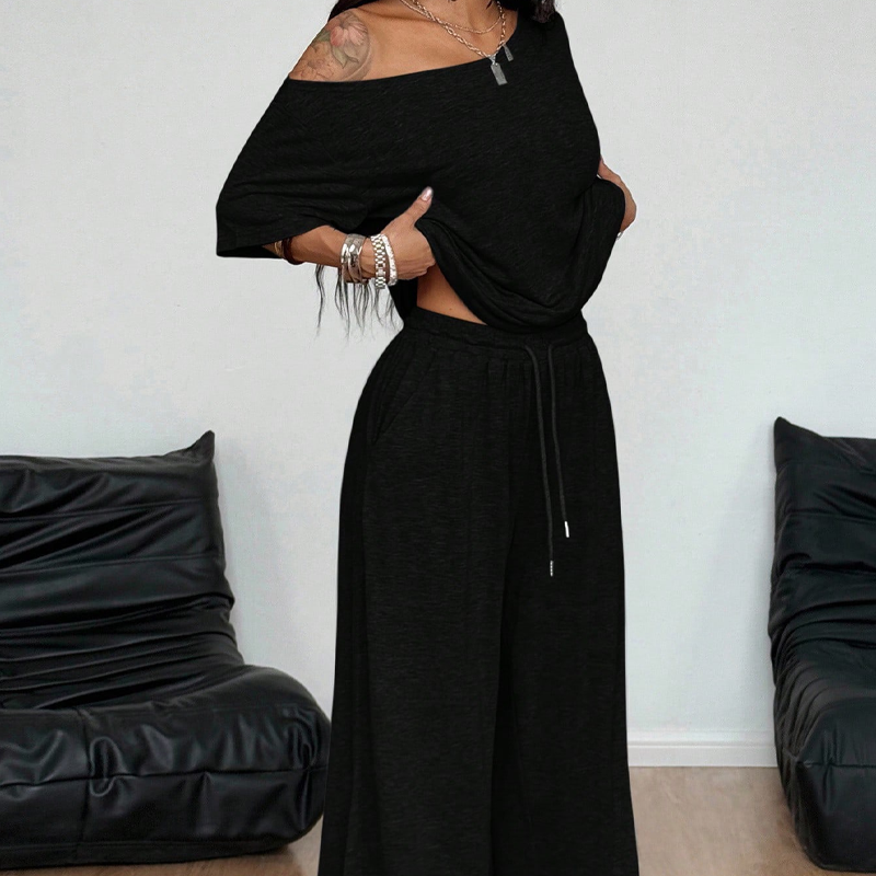 📢📢50 % DE RÉDUCTION !!!⏰ Ensemble 2 pièces Femme – Top asymétrique & Pantalon wide leg fluide pour un look chic et confortable.