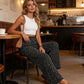 👖50% DE RÉDUCTION⏰Pantalon Taille Haute à Jambes Larges & Imprimé Chic – Coupe Fluide, Élastique & Polyvalent pour Femme🌸