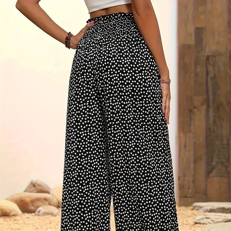 👖50% DE RÉDUCTION⏰Pantalon Taille Haute à Jambes Larges & Imprimé Chic – Coupe Fluide, Élastique & Polyvalent pour Femme🌸