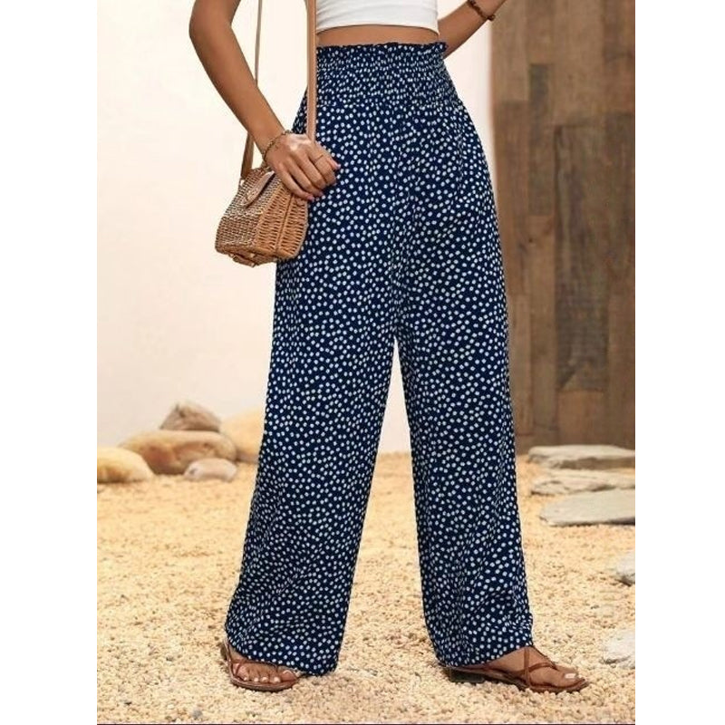 👖50% DE RÉDUCTION⏰Pantalon Taille Haute à Jambes Larges & Imprimé Chic – Coupe Fluide, Élastique & Polyvalent pour Femme🌸