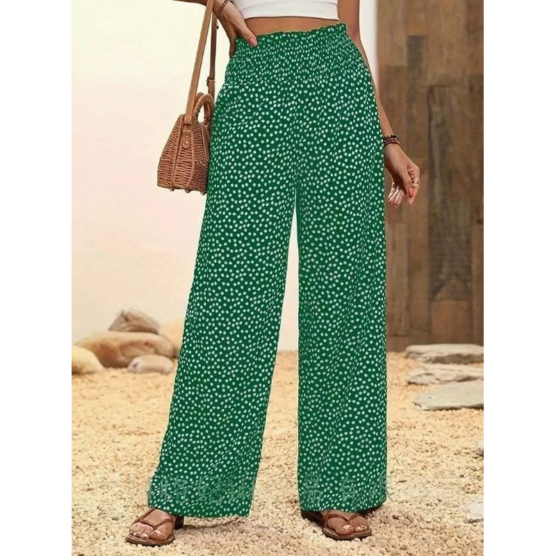 👖50% DE RÉDUCTION⏰Pantalon Taille Haute à Jambes Larges & Imprimé Chic – Coupe Fluide, Élastique & Polyvalent pour Femme🌸