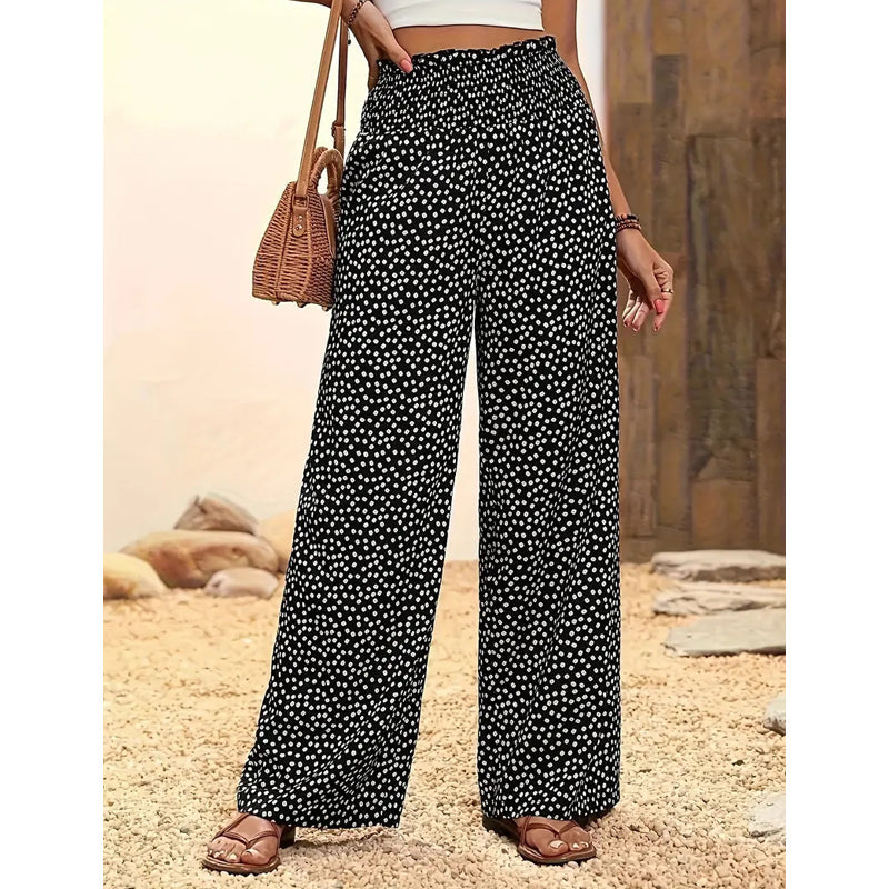 👖50% DE RÉDUCTION⏰Pantalon Taille Haute à Jambes Larges & Imprimé Chic – Coupe Fluide, Élastique & Polyvalent pour Femme🌸