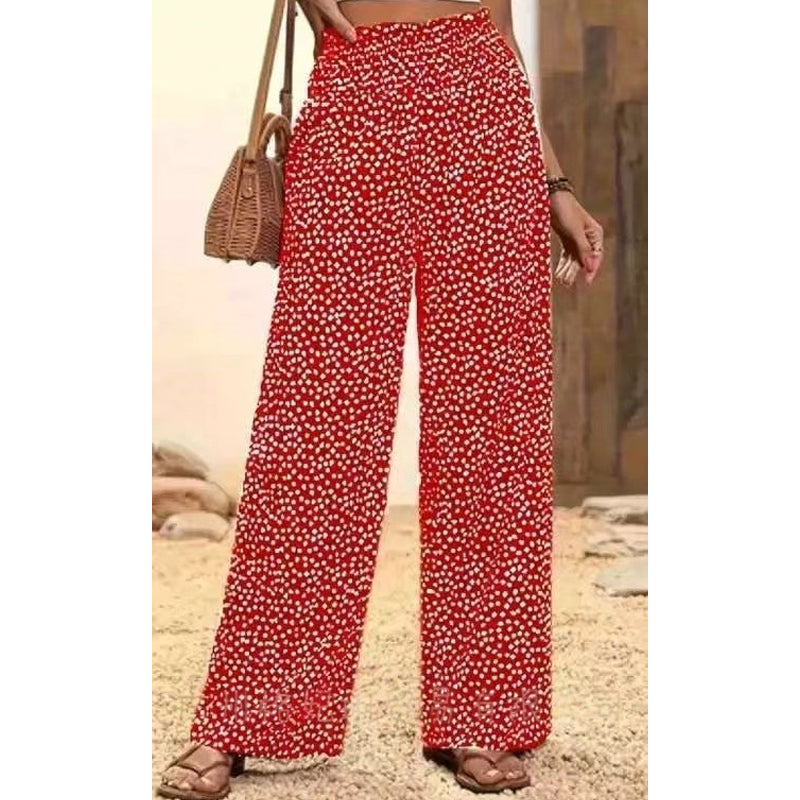 👖50% DE RÉDUCTION⏰Pantalon Taille Haute à Jambes Larges & Imprimé Chic – Coupe Fluide, Élastique & Polyvalent pour Femme🌸