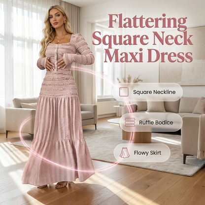 💐50 % de réduction + livraison gratuite🌺Robe Longue à Volants – Corsage Froncé & Encolure Carrée🌺💎【Édition Limitée】