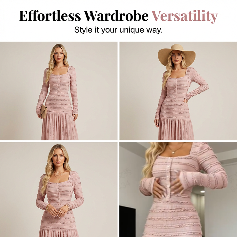 💐50 % de réduction + livraison gratuite🌺Robe Longue à Volants – Corsage Froncé & Encolure Carrée🌺💎【Édition Limitée】