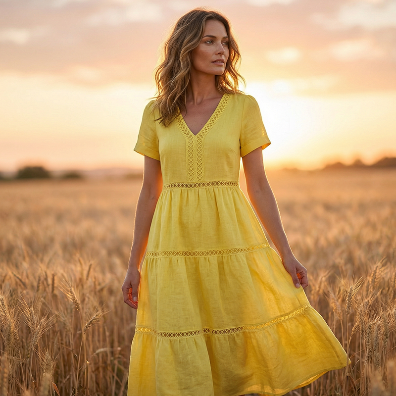 🌺👗 50 % de réduction 🌺 Robe élégante à encolure en V et empiècements en dentelle pour femme