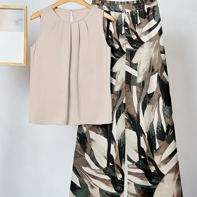 👗 50% DE RÉDUCTION 🌞 Ensemble chemisier français & pantalon ample – Col rond élégant & plis fluides – Look chic et intemporel – parfait pour le printemps, l’été ou le bureau – léger et confortable 💐✨