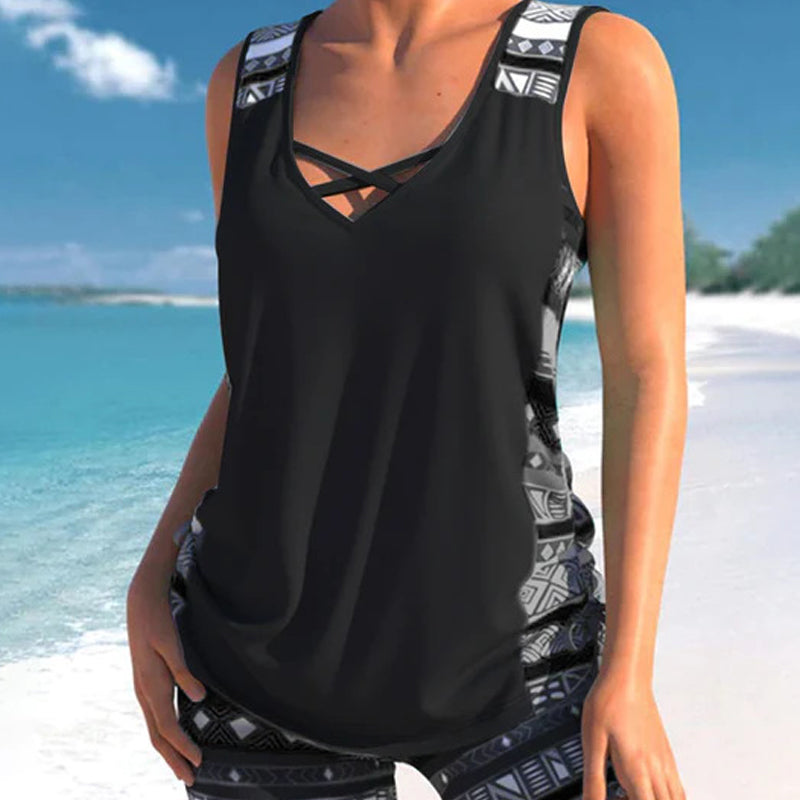 🥳💞SOLDES D'ÉTÉ -50%💥Maillot de Bain Tankini 2 Pièces pour Femme – Côtés Réglables, Short de Couverture & Encolure Croisée (9 Couleurs, S-3XL)