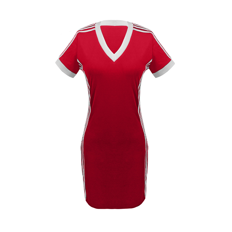 👗🏃‍♀️✨ PROMO -50% MAINTENANT ! Robe Mini Moulante Sportive pour Femme – Col V, Manches Rayées & Tissu Respirant (5 Couleurs, S-3XL)