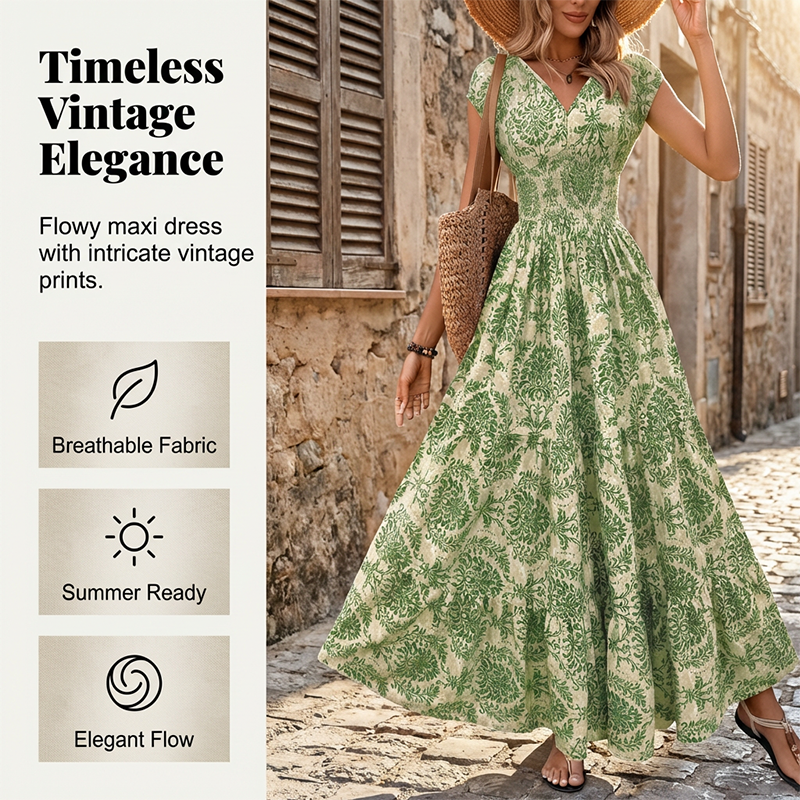👗PROMO FLASH : -50%🔥Robe Longue Femme – Col en V, Imprimé Floral & Taille Froncée, Tissu Léger et Respirant🍁