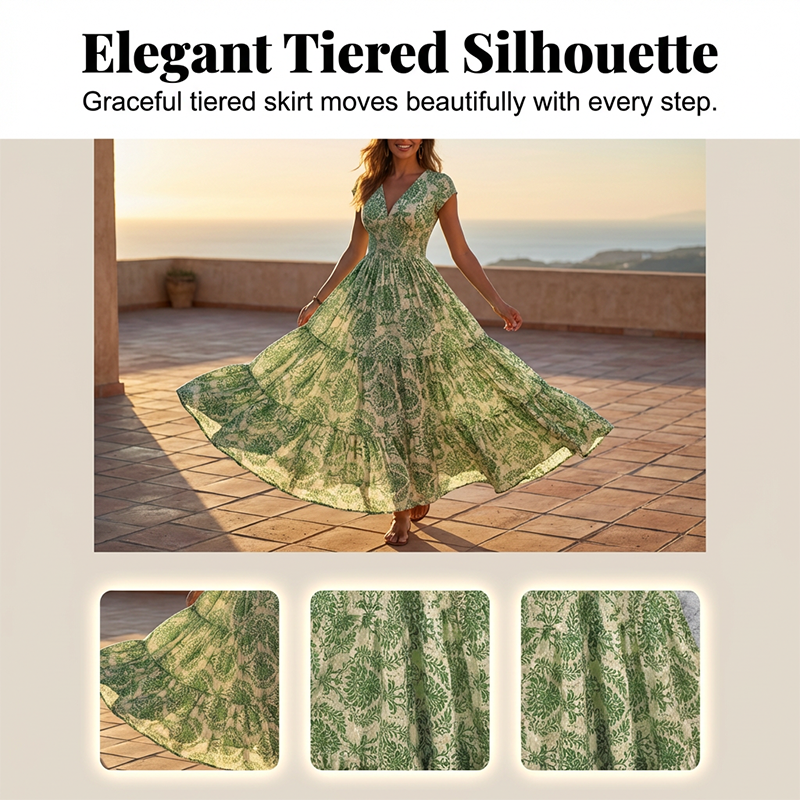 👗PROMO FLASH : -50%🔥Robe Longue Femme – Col en V, Imprimé Floral & Taille Froncée, Tissu Léger et Respirant🍁