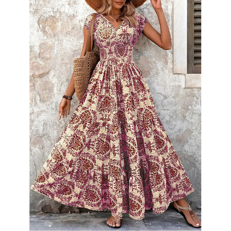 👗PROMO FLASH : -50%🔥Robe Longue Femme – Col en V, Imprimé Floral & Taille Froncée, Tissu Léger et Respirant🍁