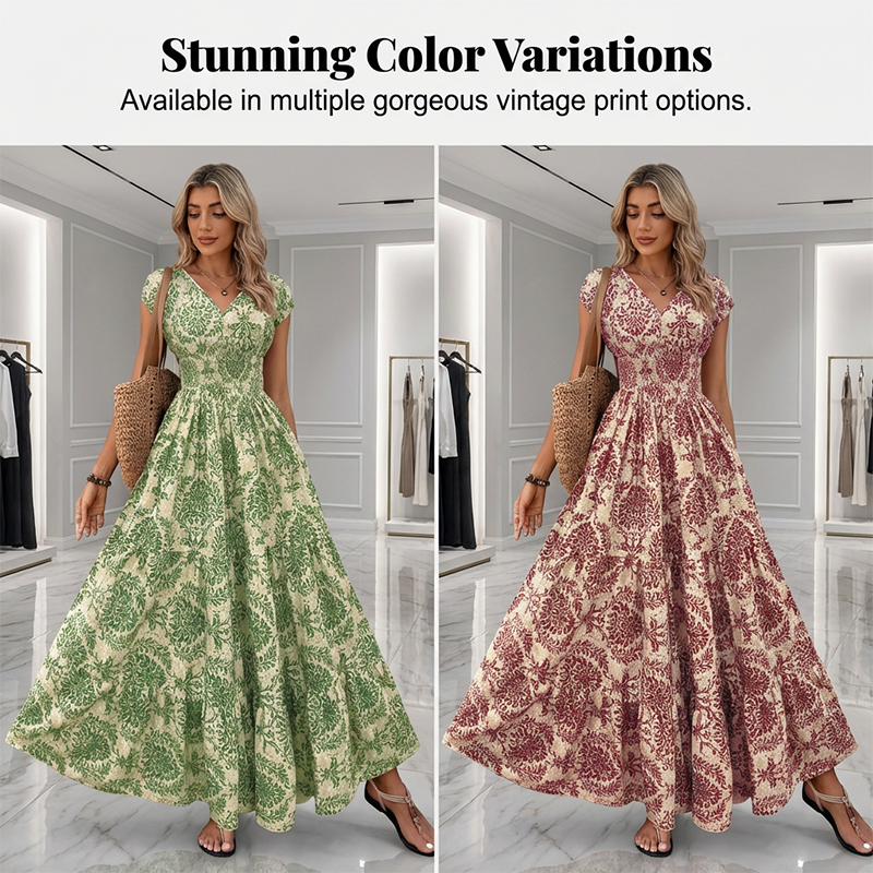 👗PROMO FLASH : -50%🔥Robe Longue Femme – Col en V, Imprimé Floral & Taille Froncée, Tissu Léger et Respirant🍁
