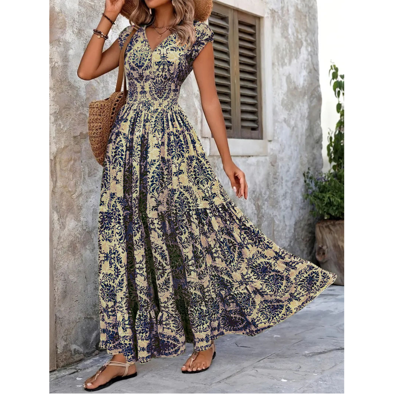 👗PROMO FLASH : -50%🔥Robe Longue Femme – Col en V, Imprimé Floral & Taille Froncée, Tissu Léger et Respirant🍁